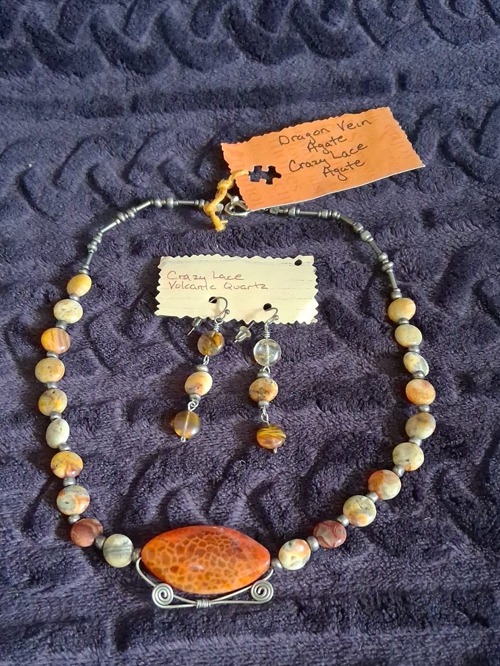 Handcrafted Crazy Lace Agate Necklace and Earring Set in Orange